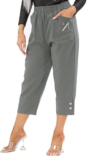 Cherry Berry Capri 3/4 Trousers – Ladies Elasticated Cotton Stretch Cropped Bottom Pants – Comfortable Plus Size 10-24 – Summer Casual Lightweight Pants with Pockets (18, Khaki)
