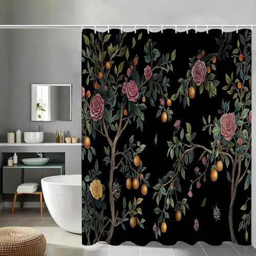 MULERN Shower Curtain 180x180 cm(71x71 Inch), Polyester Fabric Washable Shower Curtain with 12 Hooks, Apricot Tree Rose Waterproof Jet Black Bathroom Curtains, Embroidery Bath Curtains, Quick Dry