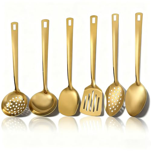 YYTECH 6 piezas Oro utensilios de cocina acero inoxidable, aceroutensilios cocina acero inoxidable para herramientas de cocina de alta resistencia, accesorios de cocina esenciales para el hogar