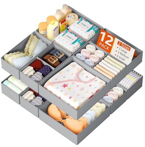 DJMJ Organizador de Cajones Ropa Interior - Juego de 12 Cajas de Almacenaje Plegables de Tela No Tejida, Organizador Cajones para Calcetines, Bebe Ropa, Sujetadores, Gris Claro