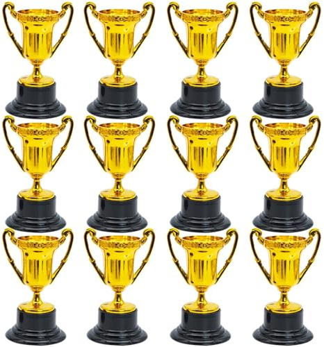 Fahibin 12 stycken gyllene troféer, minipokaler, små pokaler för barn, minitroféer och medaljer för turneringar, klassrumsbelöningar