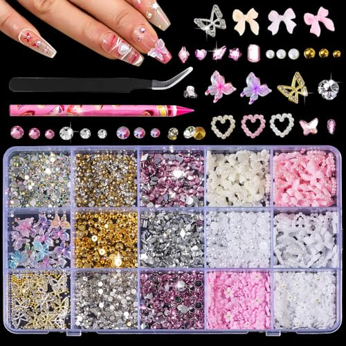 10 000 st nagelberlocker och ädelstenar: rosa söt rosett hjärta 3D-blomma berlocker för skräpbok-fodral-kit; guld tjocka fjärilsberlocker för naglar, nagelsmycken diamant strass för naglar; pärlor och