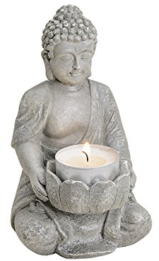 Buddha Figur mit Teelichthalter. Ideal für drinnen und draußen, 14cm hoch aus wiederstandsfähigem Polyresin