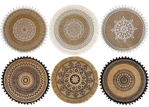 Sits 6er Set Gewebte Tischsets Waschbar Rund 38cm Boho Baumwolle Platzsets Untersetzer Hitzebeständig und rutschfest für Küche Party Hochzeit (C)