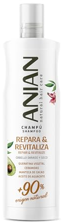 ANIAN - Champú Repara y Revitaliza, 400 ml, para Pelo Seco y Dañado, Limpia, Hidrata y Fortalece el Cabello Dañado, con Aceite de Aguacate, Manteca de Cacao y Queratina Vegetal