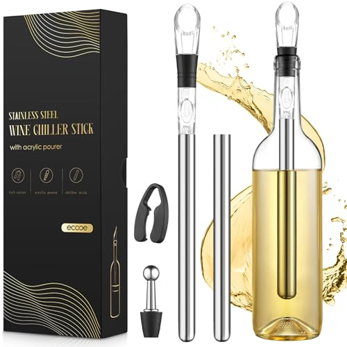 ecooe Set di aste per il raffreddamento del vino 5 in 1 con versatore, asta per il raffreddamento del vino in acciaio inossidabile da 2 pezzi, tappo, taglierino, set per il raffreddamento del vino