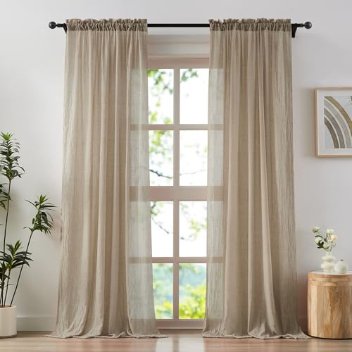 Anpark Tan Beige Sheer Curtains 84 Inches Long for Bedroom Living Room, Natural Cotton Textured Light Filtering Privacy Sheer Drapes Rod Pocket Voile Linen Curtains, W52 x L84 in, 2 Panels