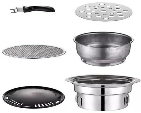 Barbecue au charbon de bois multifonctionnel, barbecue coréen portable, antiadhésif rond en carbone, barbecue de camping, fumoir de table pour extérieur, intérieur et pique-nique