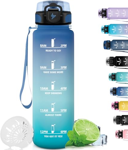 Grsta Gourde 1l, Sport anti Fuite, Motivation avec Filtre, Reutilisable avec Slogan de Motivation, Gourde Musculation, Facile à Nettoyer, pour Running, Randonnée, Camping