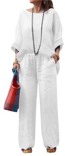 Conjuntos de lino FEATEFACE para mujer, conjunto de 2 piezas de traje blanco para mujer de talla grande, pantalones y blusas, conjunto de pantalones naranjas, blanco, M