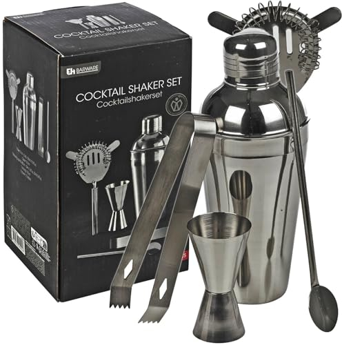 URBN-CHEF 5-Piece Bartender Set Cocktail Shaker, Mixing Spoon, Measuring Jigger, Strainer, and Tongs in Gift Box Perfect for Home Bars and Parties. Elegant, Durable Design