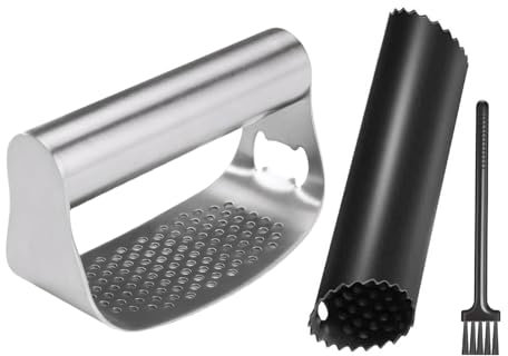 MAEXUS® Presse-ail en acier inoxydable avec brosse de nettoyage pratique et éplucheur d'ail en silicone, presse-ail avec manipulation facile pour la préparation de l'ail