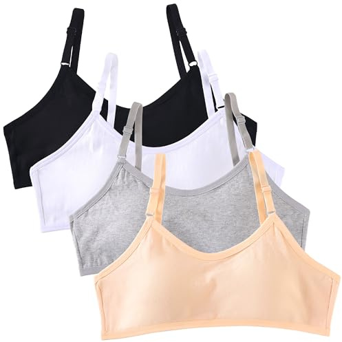 Baogaier 4-pack tonåring, flickor, bh, bomull, andas, sport, träning, underkläder med fast, vadderad och justerbar axelrem, bralette, topp, bustier för 10–16 år, barn, tweens