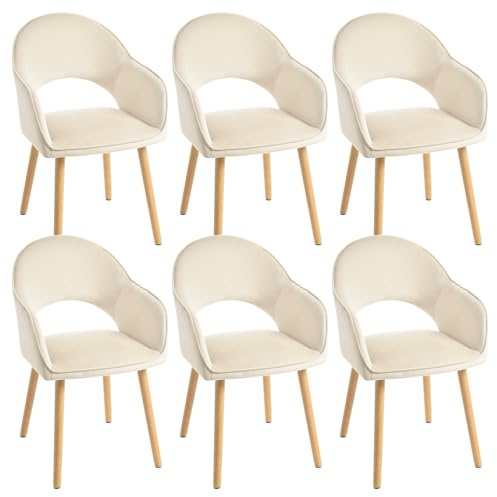 Goeurvant Lot de 6 Chaises Salle à Manger avec Accoudoirs,Fauteuils de Salle à Manger Rembourrés,Chaises de Cuisine avec Pieds en Bois pour Salon,Bureau,Ivoire