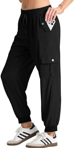 GRECERELLE Ladies Cargo Trousers Womens Summer Hiking Joggers Pants for Women UK with Elastic Waist Cuffed Ankles for Travel Outdoor Streetwear (Black, M)