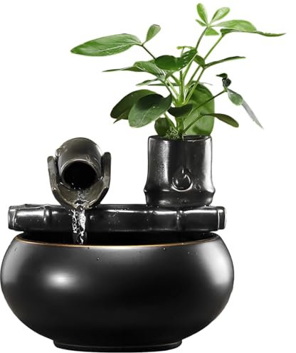 Bosreroy Fontana da interni in ceramica con flusso d'acqua in bambù, design nero lucido, per casa o ufficio moderno