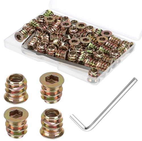 50 stycken skruvmuttrar, M5 x 10 mm gänginsats trä med sexkantsnyckel, galvaniserat kolstål gänginsats, muttrar, skruvmuttrar för trämöbelsortiment