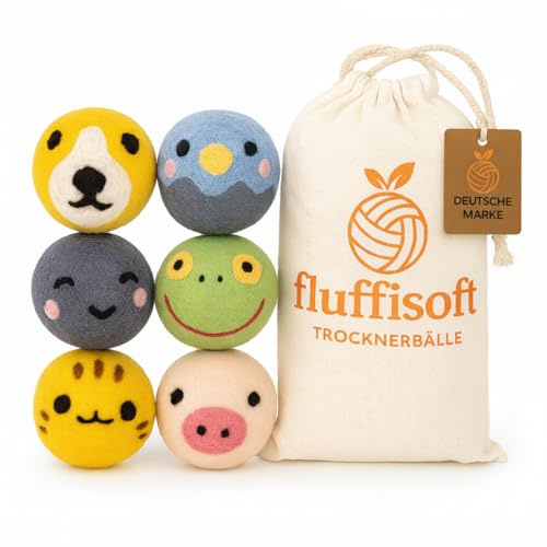 fluffisoft Trocknerbälle 6 Stück | 100% neuseeländische Schafwolle| Ø 7cm| Energie sparen, Trocknerball für Wäschetrockner, Trocknerbälle für Daunenjacken, weiche Wäsche-mit Stoffbeutel
