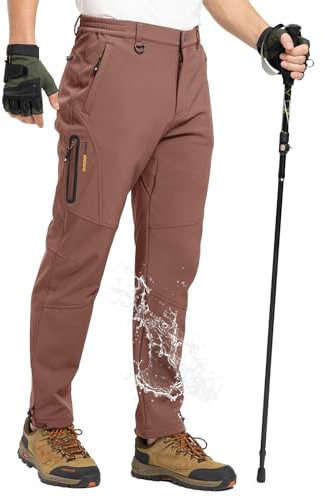 TBMPOY Men's Snow Pants Fleece Lined Hiking Winter Waterproof Softshell Ski Outdoor Insulated Climbing Pants Zipper Pockets, Coffee, 42