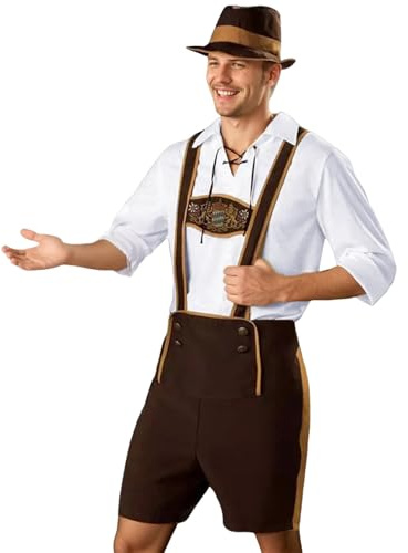 Men’s German Bavarian Oktoberfest Costume Set Brown with Lederhosen Shorts, Braces, Top & Hat, Bavarian Costume Men Traditional Lederhosen German Oktoberfest Outfit for Oktoberfests Fancy Dress