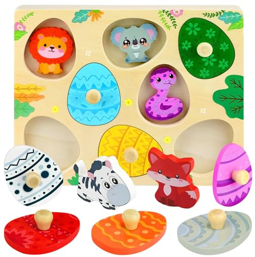 Montessori Juguete,3D Madera Puzzle Dinosaurios Juegos Educativos, Juguete Puzzle 1 2 3 Años Greifpuzzle Motorikspielzeug Sortierspiel Cumpleaños Navidad Regalo para Niños y Niñas [Animales]