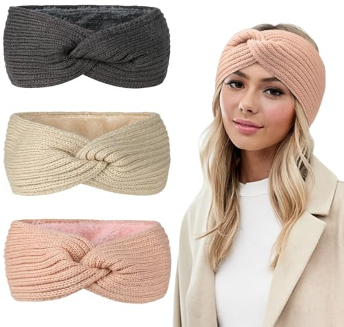 DIFLAX 3 Piezas Diadema de Punto Cálido para Mujer Calentador de Orejas de Invierno Diademas de Ganchillo Vendas Elásticas Anchas Banda Oido Calentador Otoño Invierno Accesorios (3 Colores)