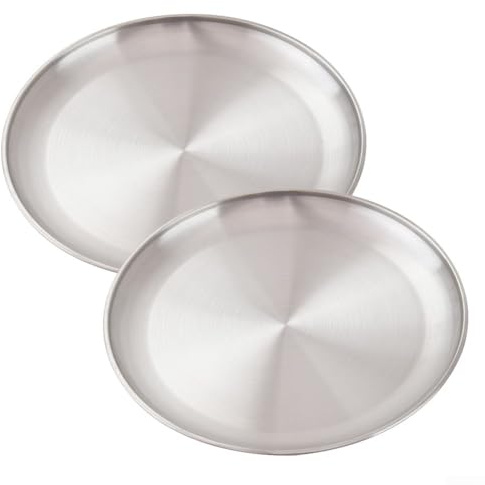 2pcs Stainless Steel Camping Plates, Round Metal Outdoor Tableware Set, Stackable Picnic and Hiking Dishware for Steak, Salad, Dessert, for Camping Kitchen, Travel, BBQ(30x1.6cm)