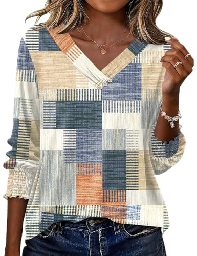 Rapbin Blusas de manga 3/4 para mujer, cuello en V, para primavera, verano, estilo informal, con botones decorativos, Cuadros naranja y azul, L
