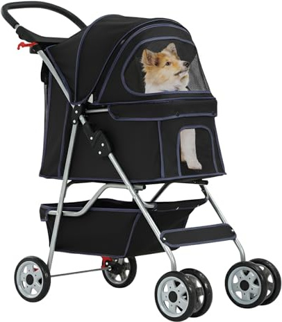 BestPet 4-Wheel Pet Stroller Dog and Cat Stroller Breathable Mesh Lightweight Travel Carrier Waterproof & Foldable Design Storage Basket for Daily Walks & Outdoor Use，Black | Dog Stroller with 2 360° Swivel Wheels, Including Storage Basket, Cushion & Mesh Windows, Cup Holder, 4 Wheels, up to 15 kg