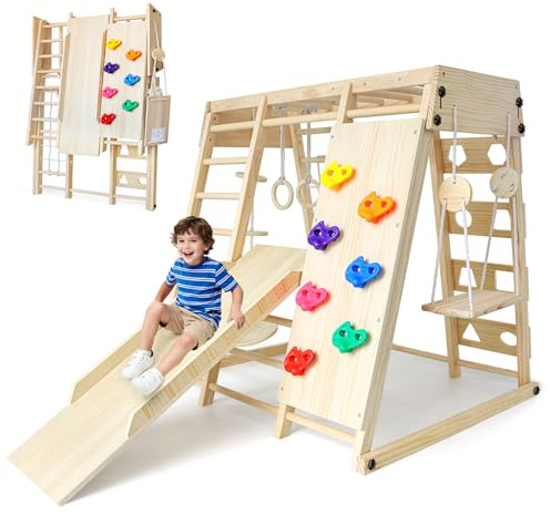 SPYLAVE Maxi estructura de escalada para niños, 10 en 1 Montessori para interiores a partir de 1 año, equipo de escalada de madera resistente y estable con tobogán, columpio, pared de escalada, parque