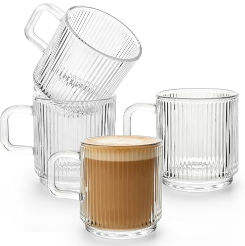 Coffee Mug Set with Handle, 4 PACK Stackable Clear Coffee Glass Cups, 350ML | Ribbed Glass Mug Set for Coffee, Juice, Milk, Lemonade, Tea, Smoothie, Latte, Cappuccino & Hot Drinks, Dishwasher Safe