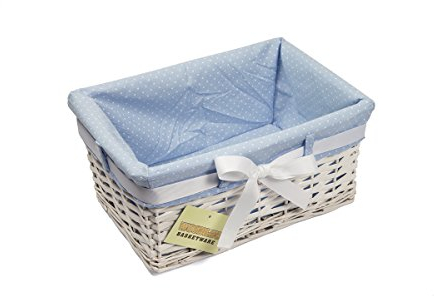Woodluv Rectangular White Willow Wicker Hamper Storage Basket-With Blue Fabric & Ribbon (Gift Hamper Basket) -SMALL