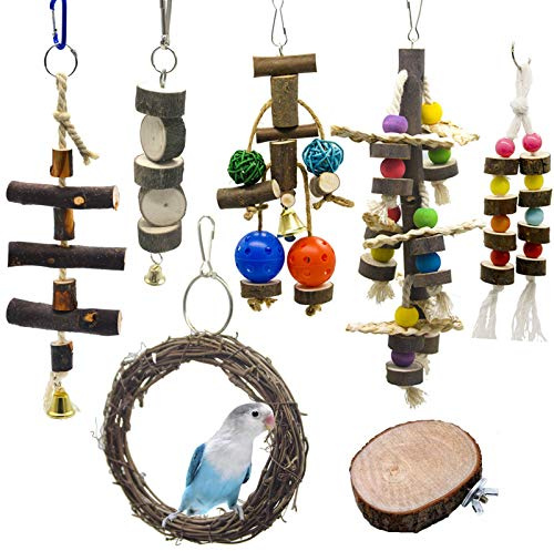 Chikanb Pappagallo di Uccelli, 7 Pezzi Colorati Uccelli da Masticare Altalena Appesa Gabbia per Piccoli Parrocchetti Cockatiels Conures Are Pappagalli Fringuelli