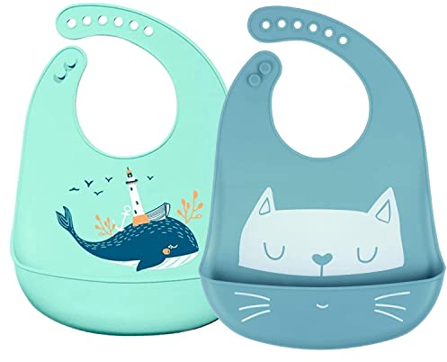 SLOSH Lätzchen aus Silikon Wasserdicht mit Tasche Waschbar 6 Monate bis 3 Años Lätzchen für Kinder (blau)