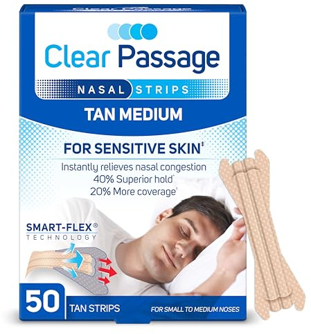 Clear Passage Nasal Strips Small to Medium, Tan, 50 Count | Works Instantly to Improve Sleep, Reduce Snoring, Relieve Nasal Congestion Due to Colds & Allergies