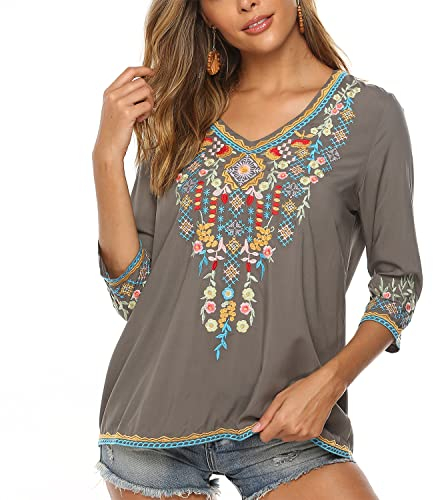Vakakado Hippie Kleidung Damen Bohemian Folklore Stickerei Bluse 3/4 äRmel V Ausschnitt Tunika Sommer LäSsige Oberteil(054,Grau,L)