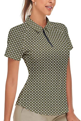 Soneven Polo Donna Manica Corta Camicetta Scozzese Cerniera 1/4 Traspirante Ad Asciugatura Rapida per Golf Tennis Tempo Libero UV UPF 50+ Size L
