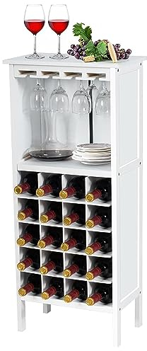 GOPLUS Flaschenregal mit 20 Staufächern, Weinregal, Flaschenständer aus Holz, Stehend, für Flaschen und Weinglas, Mehrzweck zum Lagerung, für Küche & Esszimmer & Wohnzimmer (Weiß)