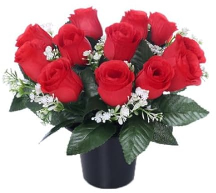 Mr. Barry's artificial grave flower pot with foam insert | realistic funeral flowers | cemetery & memorial floral decorations for graveside use | red roses