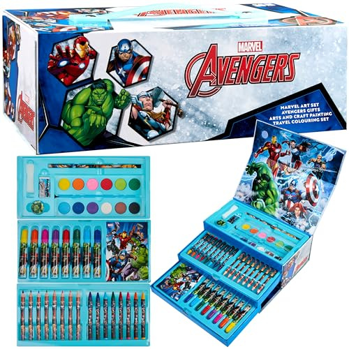 Marvel Art Supplies for Kids Art Set Avengers Painting Colouring Sets for Children Crayons Paints Markers Iron Man Captain America Hulk Art Case (Multicolor Avengers)