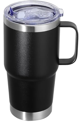 Abbrevi 20 oz Stainless Steel Tumbler with Handle Metal Insulated Coffee Travel Mug with Handle Double Wall Tumbler Cup with Lid and Straw, Black 1 Pack
