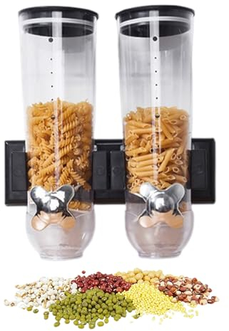 Syfunlv Double Wall Mounted Cereal Dispenser, Food Dispensers, Wall Mounted Dry Food Dispenser, For Cereal, Oatmeal, Candy, Granola Nuts, Coffee Beans, Rice, Cornflakes, 29.2 * 31cm (Black)