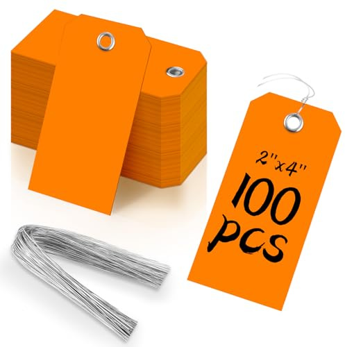Lot de 100 étiquettes d'expédition en plastique orange de 5,1 x 10,2 cm avec fils – Étiquettes étanches robustes pour cadeaux, bagages, inventaire de garage – Étiquettes à suspendre renforcées avec