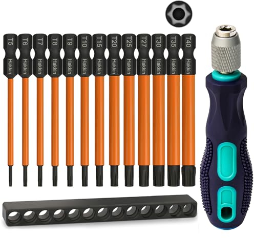 Hakkin T5-T40 Torx Bit Set Lang 75 mm 13 Stück 1/4 Torx Schraubendreher Set Magnetische Sternschraubenzieher mit Loch S2 Stahl Sechskant Schraubendreher Bitsätze mit Handgriff T20 für Akkuschrauber
