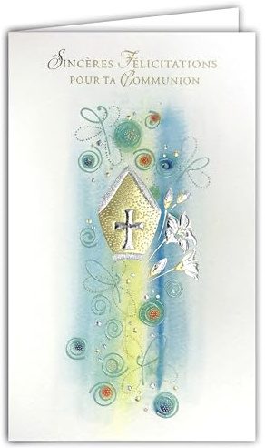 AFIE 19-623 Tarjeta de sinceras felicitaciones por tu comunión dorado y plateado con un sobre blanco en formato de 19,5x12cm para niño niña comunicante - Cruz cristiana católica Mitre Obispo Flores