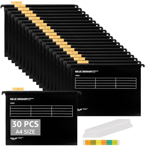 LOPYXBR 30 piezas carpetas colgantes A4, Negro carpetas colgantes a4 plastico, carpeta colgante plastico con pestañas y soportes para tarjetas para la escuela, el hogar, Oficina