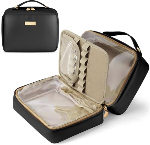 Aucuu Kosmetiktasche Damen, Groß Make up Tasche, Reise Schminktasche, Leder Tragbare Kulturbeutel, Cosmetic Bag mit Griff und Teiler, Kosmetische Tasche, Wasserdicht Kosmetiktasche für Damen Mädchen