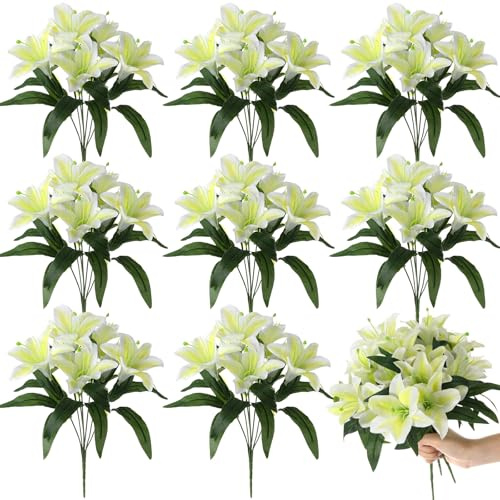Giegxin 8 Pcs Artificial Tiger Lily Bouquets, Silk Faux Easter Lilies with 7 Heads, Realistic Spring Flowers for Wedding Centerpieces, Home Vase Decor, Party & Event Arrangements (Yellow)