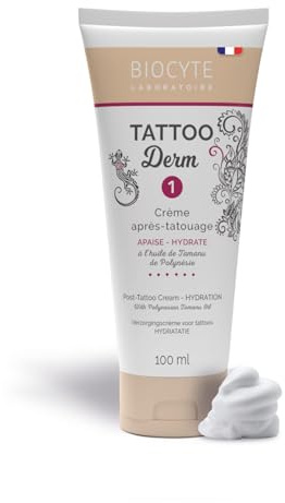 BIOCYTE Tattoo Derm 1 - Creme Hydratante Corps Après Tatouage - Huile de Tamanu, Beurre de Karité, Acide Hyaluronique, Aloe Vera - Sans Parfum - 100ml