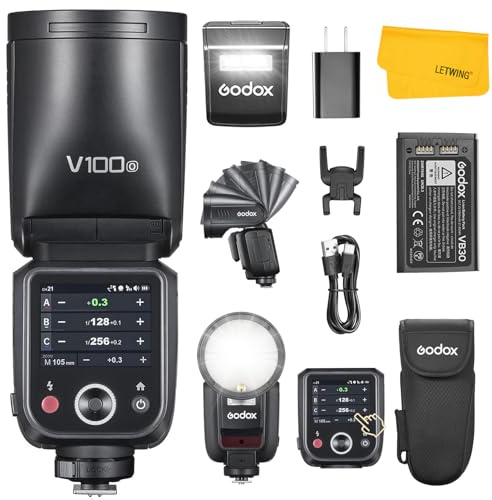GODOX V100 O V100O TTL Flash d'Appareil Photo à Tête Ronde pour Olympus Panasonic, 100Ws 2.4G Panasonic Olympus Speedlite HSS 1/8000s, 400 Flashs à Pleine Puissance, 2W Lampe de Modélisation LED